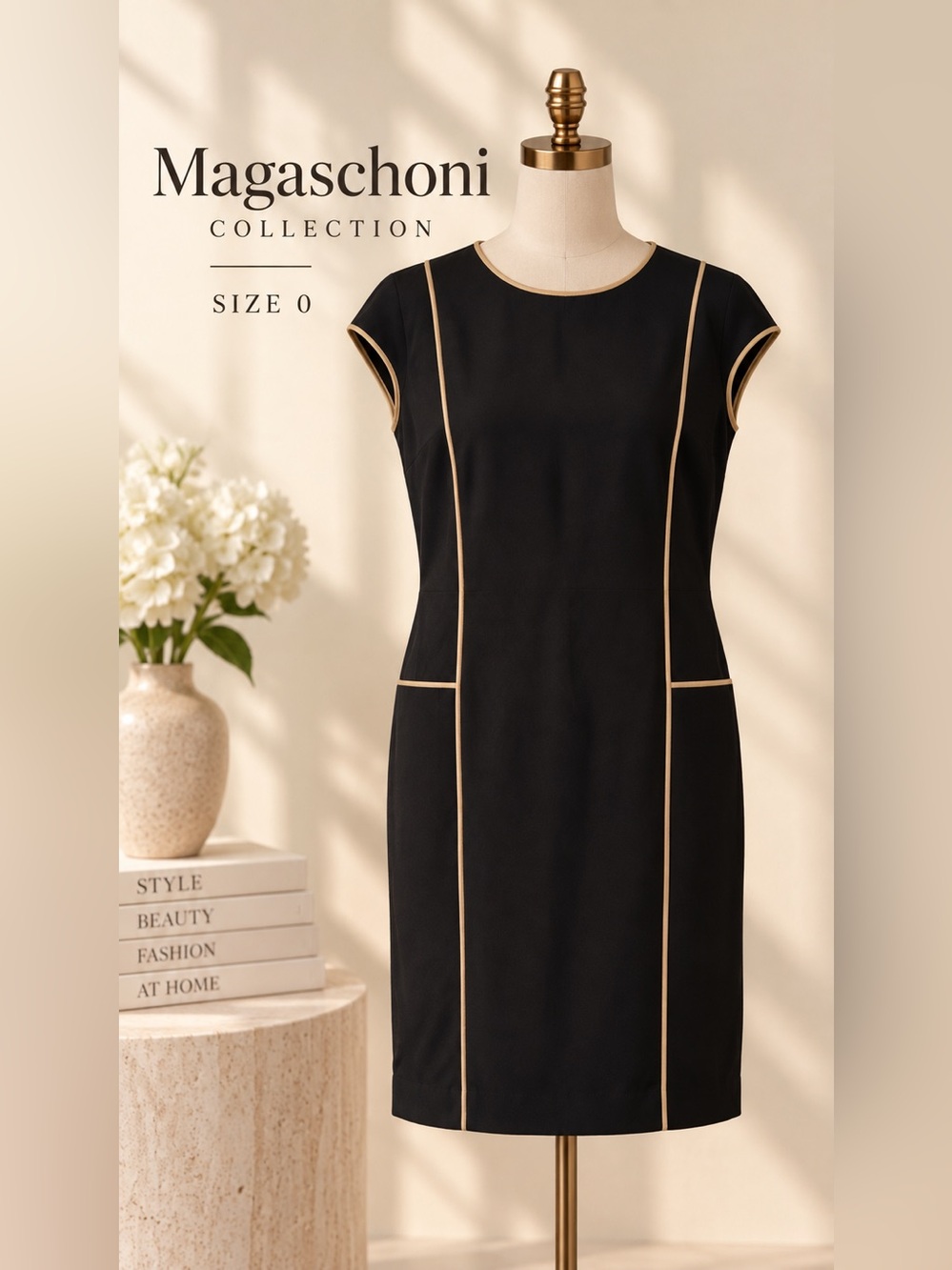 Magaschoni Collection Black Silk Shift Dress Glazed Honey Piping Size 0 NWT